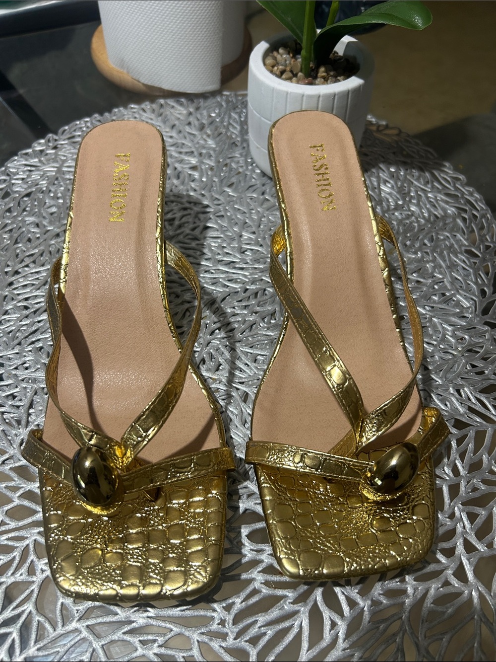 Gold Metallic Square-Toe Slide Sandals for Women